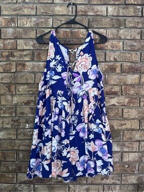 Kori Navy Blue Floral tie front Mini Dress or beach coverup